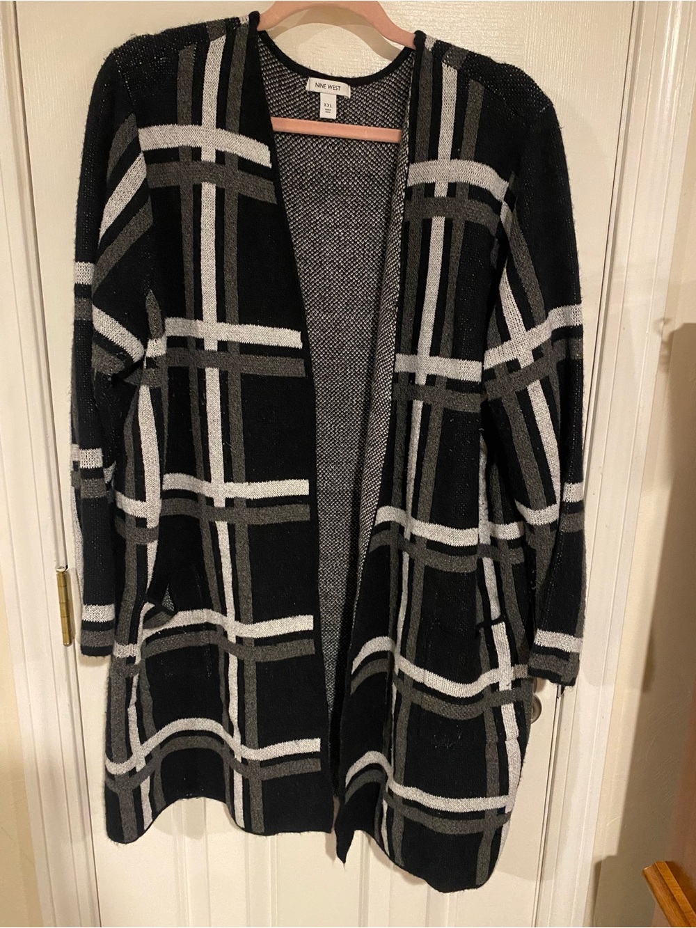 Nine West Black Plaid Open Cardigan with Gray Grid